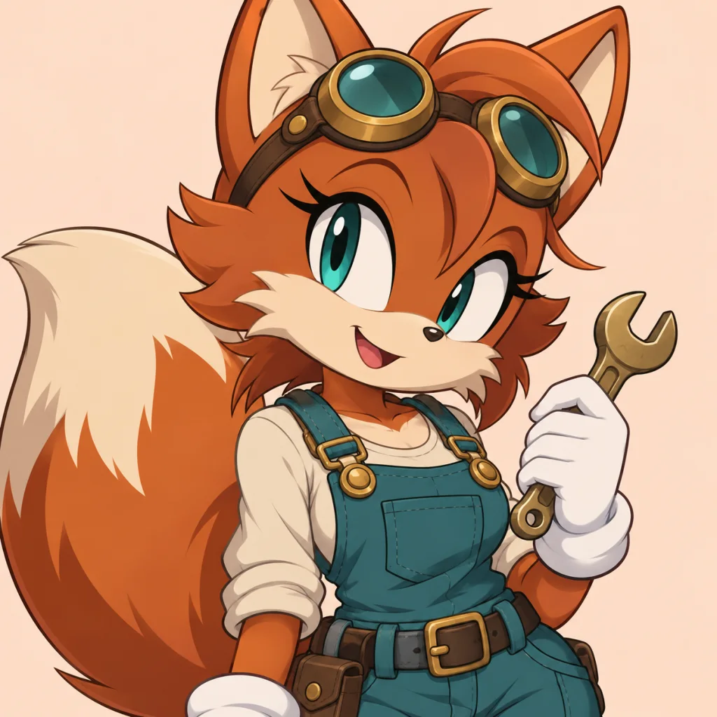 Original orange fox mechanic portrait with brass goggles, teal overalls and a wrench