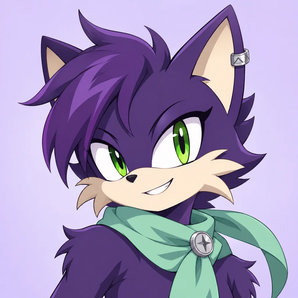 Sonic avatar concept of a violet cat with lime eyes, a mint scarf and a silver ear cuff