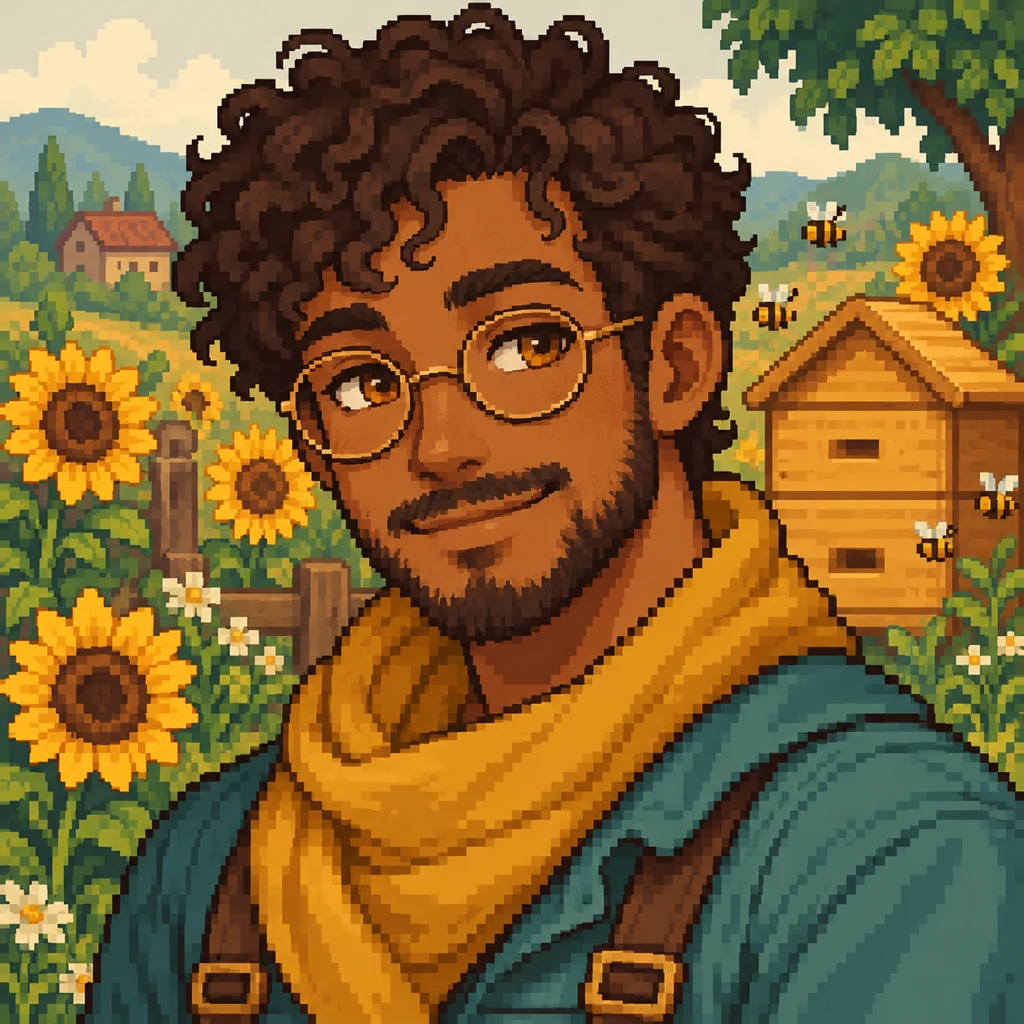 Stardew-inspired pixel portrait of an adult beekeeper with curly hair, round glasses and a mustard scarf